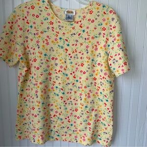 Talbots (Large) Yellow Flowered Top, Round Neck, Short Sleeves - Excellent Shape
